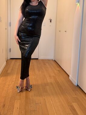Rare Vintage Faust Paris Bodycon Metallic Bling Black Dress M